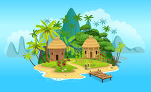 Cartoon Tropical Island With Huts, Palm Trees. Mountains, Blue Ocean, Flowers And Vines. Vector Illustration