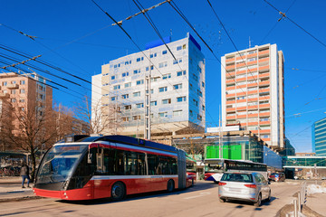 Wall Mural - Tramway car and shuttle bus at Hauptbahnhof in Salzburg Austria