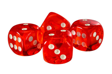 Red acrylic transparent dice for games. Four gambling translucent dices isolated on white background without shadow, macro close-up high resolution.