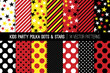 Yellow, Red, Black and White Polka Dots, Stars and Stripes Vector Seamless Patterns. Kids Party Backgrounds. Children Birthday Invitation Backdrops. Repeating Pattern Tile Swatches Included.