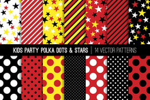 Yellow, Red, Black And White Polka Dots, Stars And Stripes Vector Seamless Patterns. Kids Party Backgrounds. Children Birthday Invitation Backdrops. Repeating Pattern Tile Swatches Included.