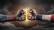 © JustLife - USA vs France. Fists with flags. Battle of two countries on sky.
