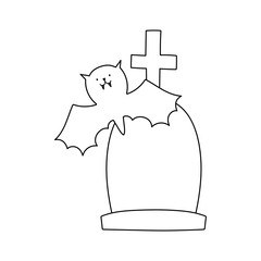 Sticker - happy halloween celebration flying bat and gravestone cross line style