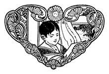 Boy Reading, Decorative Banner,  Vintage Engraving.