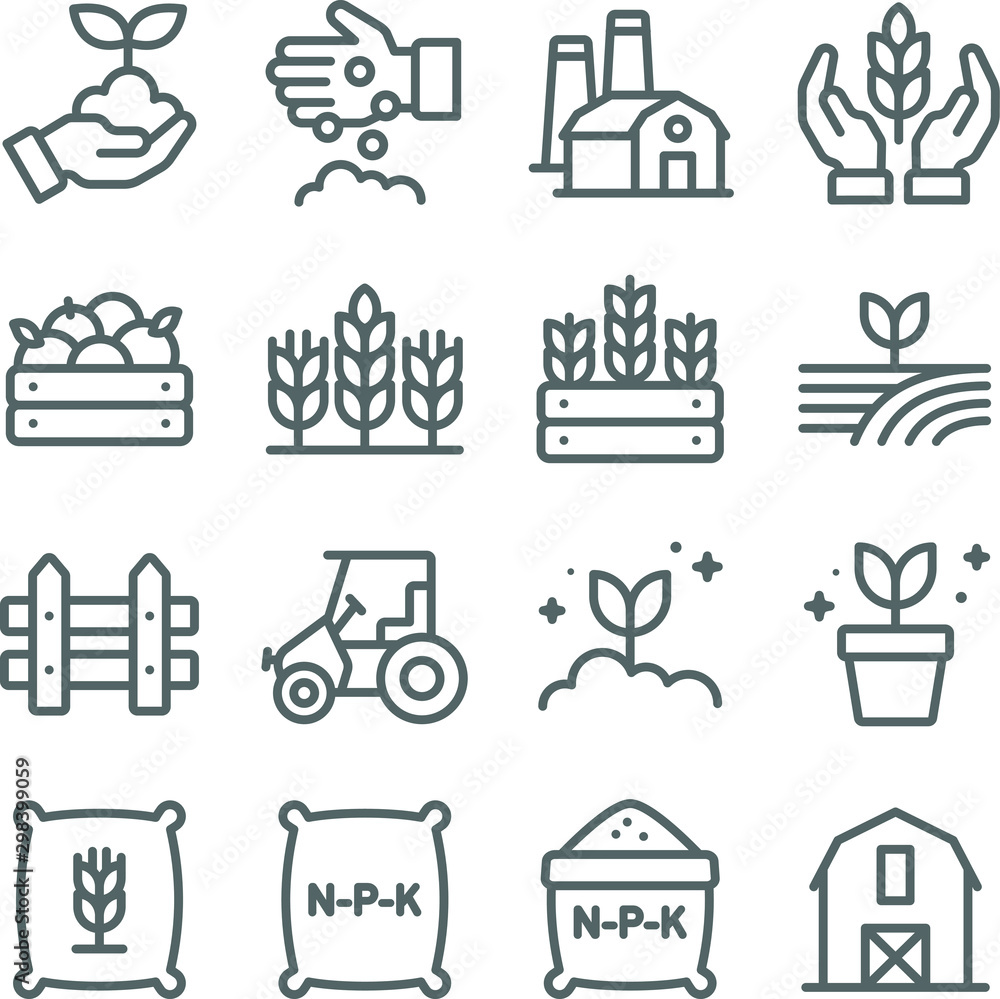Farming icons set vector illustration. Contains such icon as agriculture, planting, fertilizer, fence, barn and more. Expanded Stroke - obrazy, fototapety, plakaty 