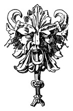 Pulled Grotesque Mask Is On A Pedestal Of A Column On A Tomb In Pforzheim, Vintage Engraving.