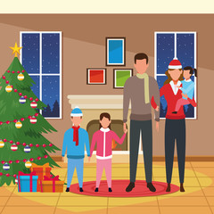 Canvas Print - Happy family with kids next to christmas tree