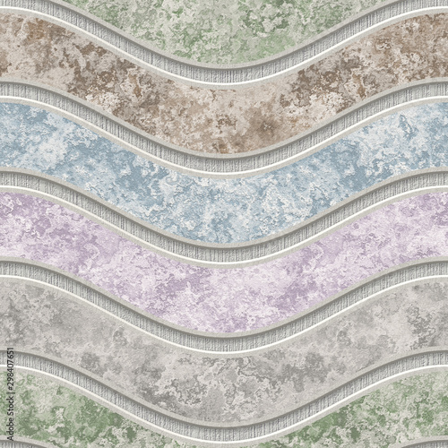 Obraz w ramie Carving waves pattern on background seamless texture, patchwork pattern, pastel color, plaster texture, 3d illustration