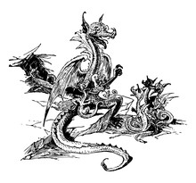 Mother Dragon With Baby Dragons Vintage Illustration.