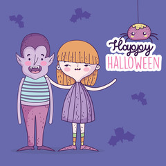 Canvas Print - happy halloween celebration girl and boy with costumes and bats spiders