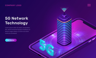 Wall Mural - 5g network technology, isometric concept vector illustration. smart city, buildings with 5g symbol w