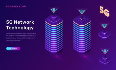 Wall Mural - 5g network technology, isometric concept vector illustration. smart city, tall buildings with 5g sym
