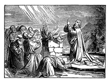 Elijah Praying To God To Set Fire To His Altar In Front Of The Prophets Of Baal Vintage Illustration.