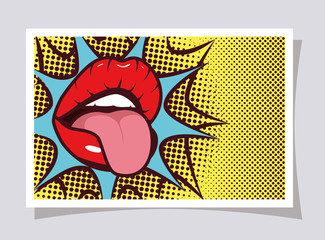 Wall Mural - sexy woman mouth with tongue out and speech bubble pop art style