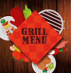 Wall Mural - delicious grill menu with icons in background wooden vector illustration design