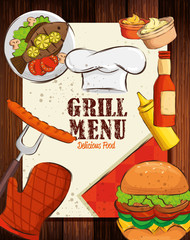 Wall Mural - grill menu with hat chef and delicious food in wooden background vector illustration design