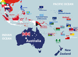 Wall Mural - vector map of australia, oceania and south east asian countries mixed with their national flags