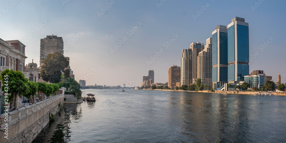 Panoramic view of river Nile in downtown of Cairo with Zamalek and modern buildings, Egypt - obrazy, fototapety, plakaty 