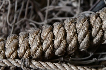Rope and fishing net in a pile in closeup