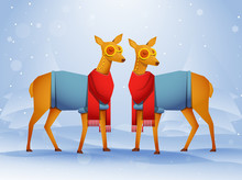 Pair Of Deer Character Wearing Clothes With Paper Cut Xmas Tree On Blue Snowy Background.