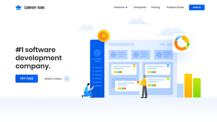 Landing page design with illustration of business men maintaining the website or analyst analysis data for Software development company.