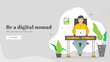 Illustration of man working in laptop on workplace for Be a digital nomad concept based landing page design.