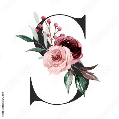 Alphabet Letter S With Watercolor Flowers And Leaf Floral Monogram alphabet-letter-s-with-watercolor-flowers-and-leaf-floral-monogram