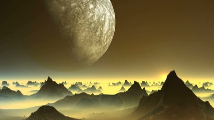Wall Mural - Alien Planet and Sunrise. Dark cliffs stand in the midst of thick yellow fog. Above the horizon huge planet (moon).  The bright sun rises slowly.