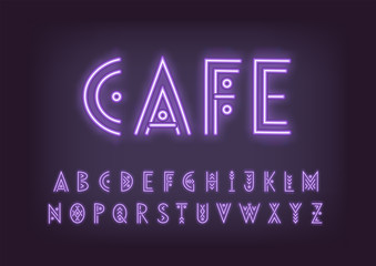 Wall Mural - Linear geometric uppercase font. Neon blue letters on a dark background.