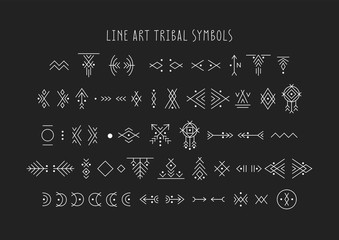 Wall Mural - Vector set of line art symbols for logo design and lettering in boho and hipster style.