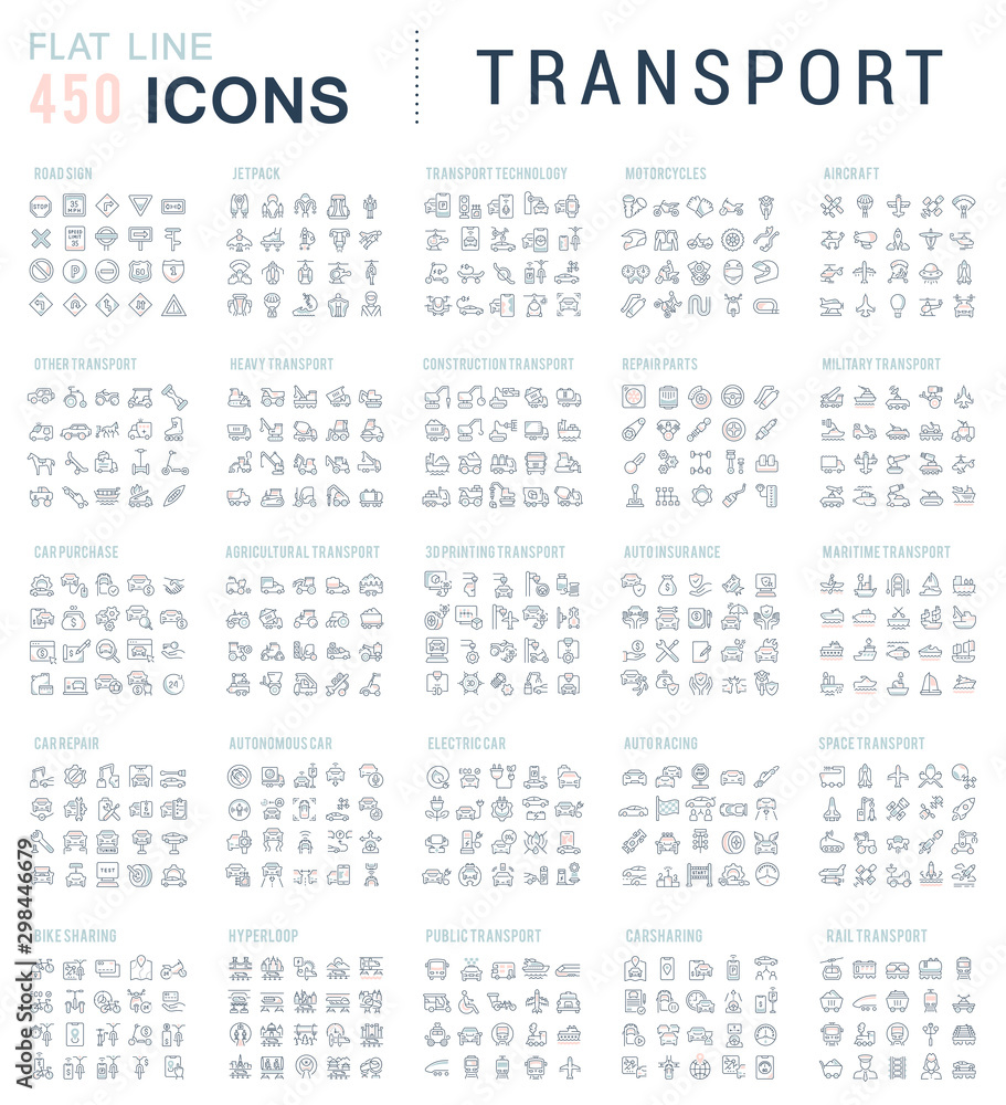 Set Vector Line Icons of Transport - obrazy, fototapety, plakaty 