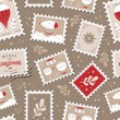 Christmas seamless pattern with Christmas post stamps, stars, balloons, brunches, festive quote Merry Christmas and Happy new year for winter holiday design, poster, greeting card, packaging design