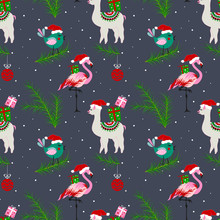Christmas Party Seamless Pattern With Cute Animals In Hat. Merry Christmas, Happy New Year Background.
