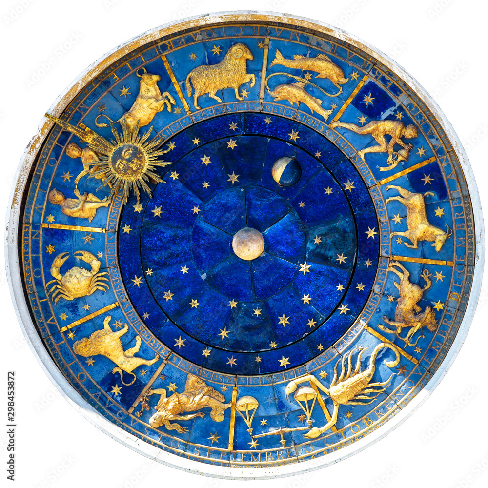Zodiac wheel and signs of medieval mechanism, isolated on white. Ancient clock detail of Torre dell'Orologio, Venice, Italy. Old symbols of astrology on star circle. Concept of horoscope and time. - obrazy, fototapety, plakaty 