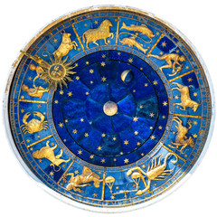zodiac wheel and signs of medieval mechanism, isolated on white. ancient clock detail of torre dell'