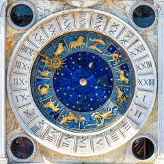 ancient clock torre dell'orologio with zodiac signs, venice, italy. medieval mechanism and astrology