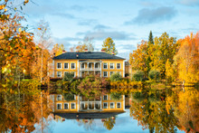 Kouvola, Finland - 8 October 2019: Autumn Landscape With Beautiful Wooden Rabbelugn Manor - Takamaan Kartano. Wrede Family House Was Built In 1820 On The River Kymijoki Bank.