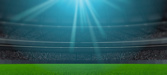 3D Rendering of soccer sport stadium, green grass during night match with crowd of audience and bright led spot lights 