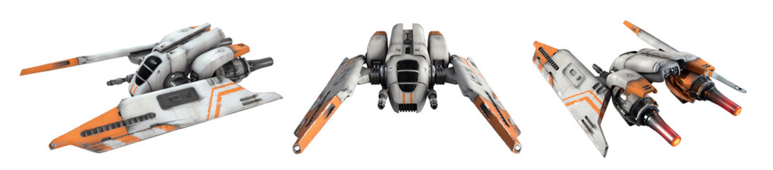 collection of old scratched metal flying spaceship isolated on white background. 3d illustration of 