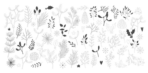 Wall Mural - Set of black hand drawn christmas new year winter doodle icons xmas mistletoe pine cone, fir branch, snowflake, leaves isolated. Vector illustration in outline style