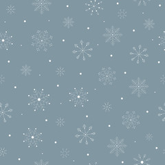 Wall Mural - Seamless pattern with white hand drawn christmas snowflakes new year winter doodle icons isolated. Vector illustration in outline style