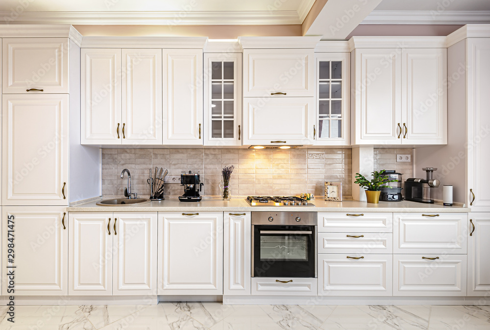 Luxury modern white kitchen interior - obrazy, fototapety, plakaty 