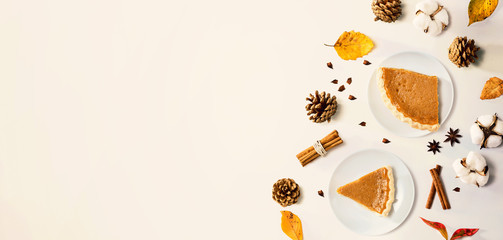 Wall Mural - autumn theme with pumpkin pies - overhead view