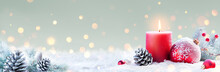 Advent - Red Candle And Christmas Decoration On Snow