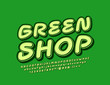 © Popskraft - Vector emblem Green Shop with trendy Font. Creative Alphabet Letters, Number and Symbols