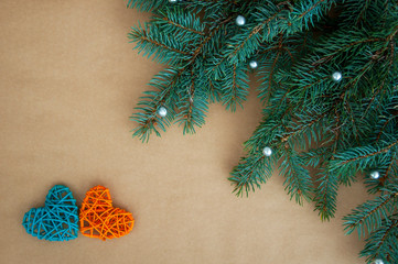  Christmas branches, cones, decorations on parchment paper. Holiday Christmas background.Copy space for text or design
