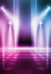 Poster - Empty background scene. Dark street reflection on wet asphalt. Rays of neon light in the dark, neon shapes, smoke. Background of an empty stage show. Abstract dark background.