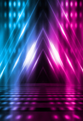 Poster - Empty background scene. Dark street reflection on wet asphalt. Rays of neon light in the dark, neon shapes, smoke. Background of an empty stage show. Abstract dark background.