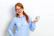 © oleg_ermak - Startup. Young businesswoman holding one dollar at white background. Copy space