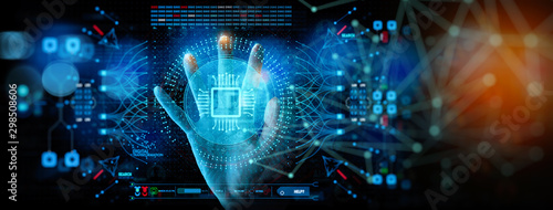 Cuadros en Lienzo Artificial intelligence (AI) with machine deep learning and data mining and another modern computer technologies UI by hand touching CPU icon